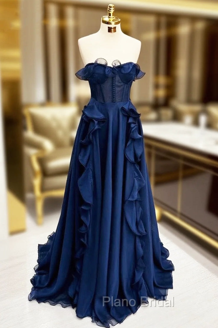 A Line Navy Blue Corset Ruffle Maxi Formal Prom Dresses Main image
