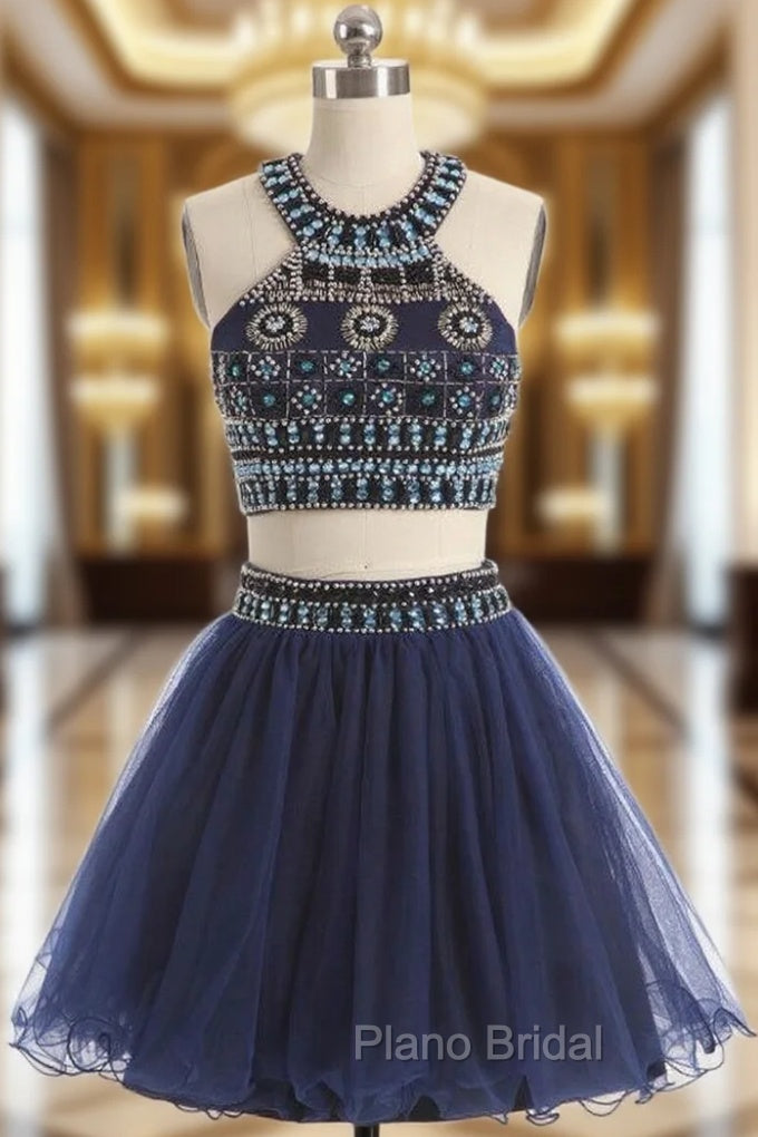 A-line Navy Blue Halter Tulle Beading Homecoming Dresses Main image