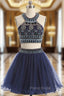 A-line Navy Blue Halter Tulle Beading Homecoming Dresses