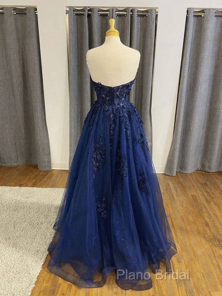 A Line Navy Blue Lace Long Formal Prom Dresses Strapless Graduation Formal Dresses