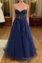 A Line Navy Blue Lace Long Formal Prom Dresses Strapless Graduation Formal Dresses