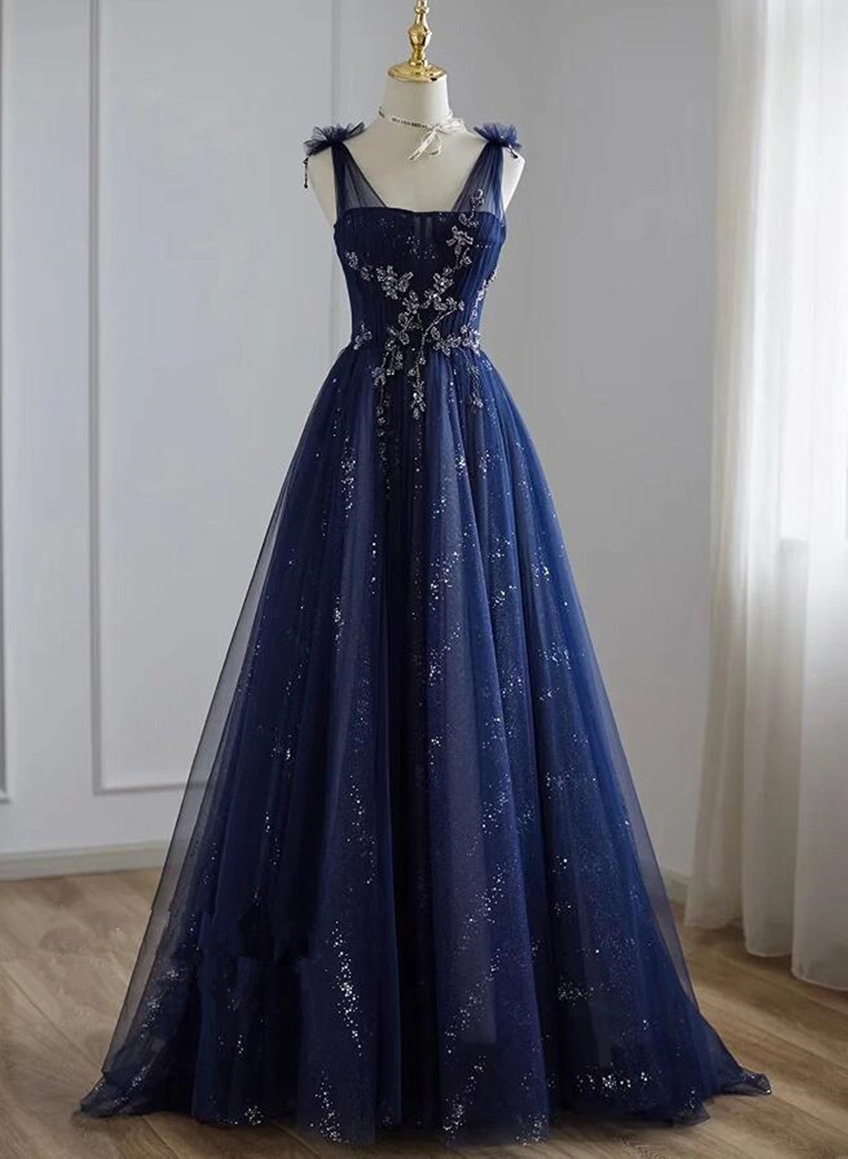 A-Line Navy Blue Tulle Beaded V-Neckline Party Dresses, Navy Blue Shiny Tulle Formal Prom Dresses Main image
