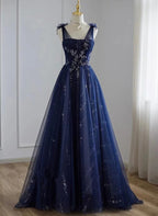 A-Line Navy Blue Tulle Beaded V-Neckline Party Dresses, Navy Blue Shiny Tulle Formal Prom Dresses