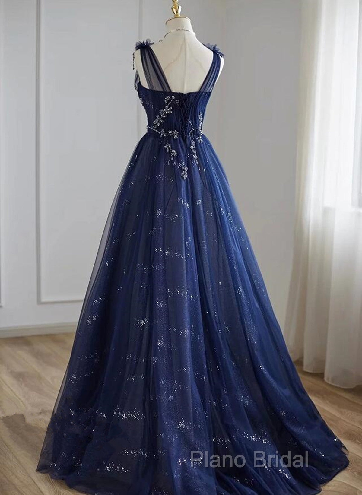 A-Line Navy Blue Tulle Beaded V-Neckline Party Dresses, Navy Blue Shiny Tulle Formal Prom Dresses Secondary image