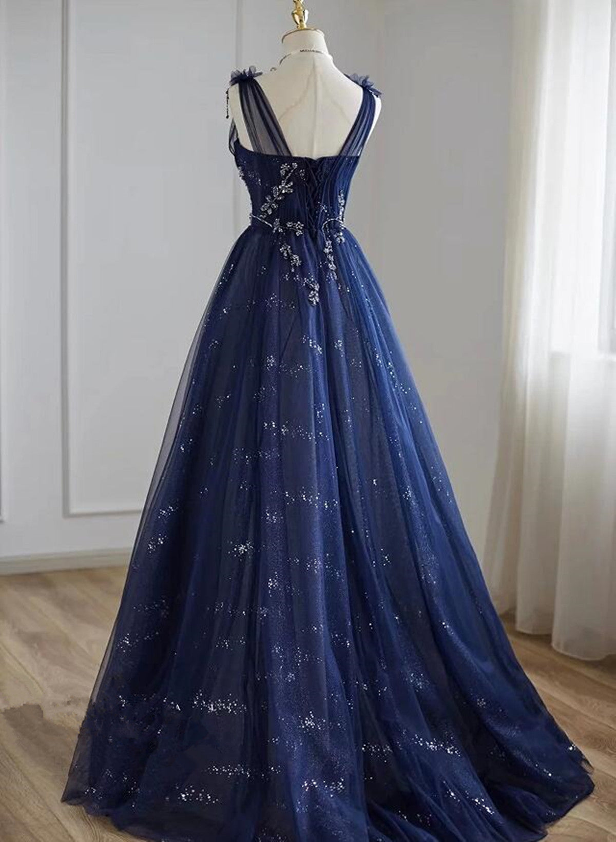 A-Line Navy Blue Tulle Beaded V-Neckline Party Dresses, Navy Blue Shiny Tulle Formal Prom Dresses