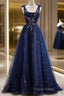 A-Line Navy Blue Tulle Beaded V-Neckline Party Dresses, Navy Blue Shiny Tulle Formal Prom Dresses