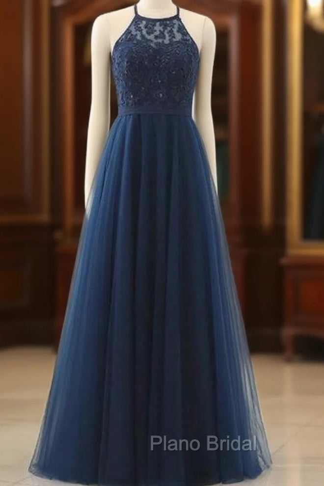A-line Navy Blue Tulle Halter Crossed Back Long Formal Prom Dresses