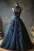 A Line Navy Blue Tulle High Neck Long Formal Prom Dresses Charming Formal Evening Dresses