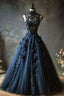 A Line Navy Blue Tulle High Neck Long Formal Prom Dresses Charming Formal Evening Dresses