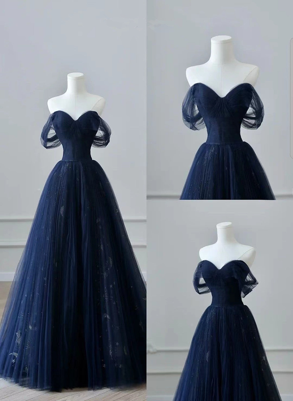 A-Line Navy Blue Tulle Long Party Dresses, Navy Blue Tulle Long Formal Prom Dresses