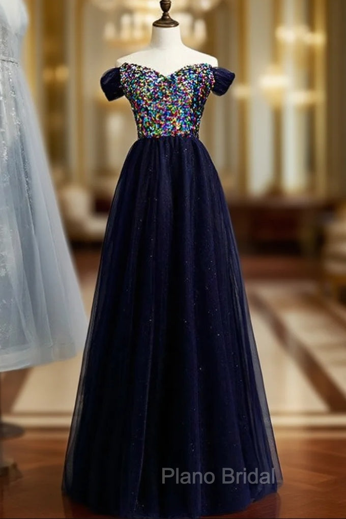 A-Line Navy Blue Tulle Sequins Off the Shoulder Formal Prom Dresses