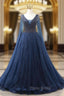 A-line Navy Blue V-neck Beading Formal Prom Dresses
