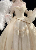A Line Off Shoulder Ball Gown Wedding Dresses Lace Princess Dresses