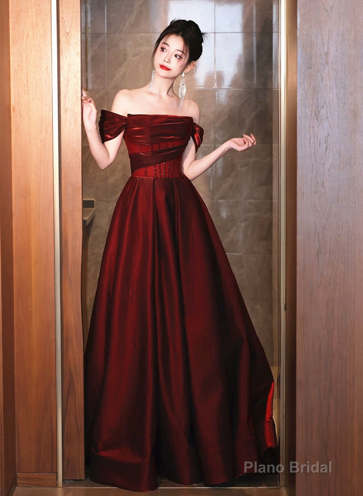 A-line Off Shoulder Beaded Wine Red Satin Prom Dress, Wine Red Party Dress Secondary image
