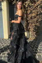 A Line Off Shoulder Black Lace Long Formal Prom Dresses With High Slit