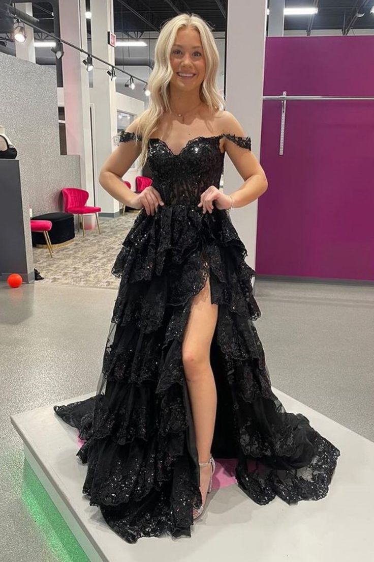 A Line Off Shoulder Black Lace Long Formal Prom Dresses With High Slit