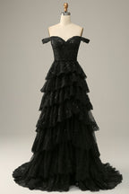 A Line Off Shoulder Black Lace Long Formal Prom Dresses With High Slit