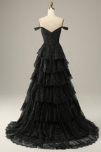 A Line Off Shoulder Black Lace Long Formal Prom Dresses With High Slit