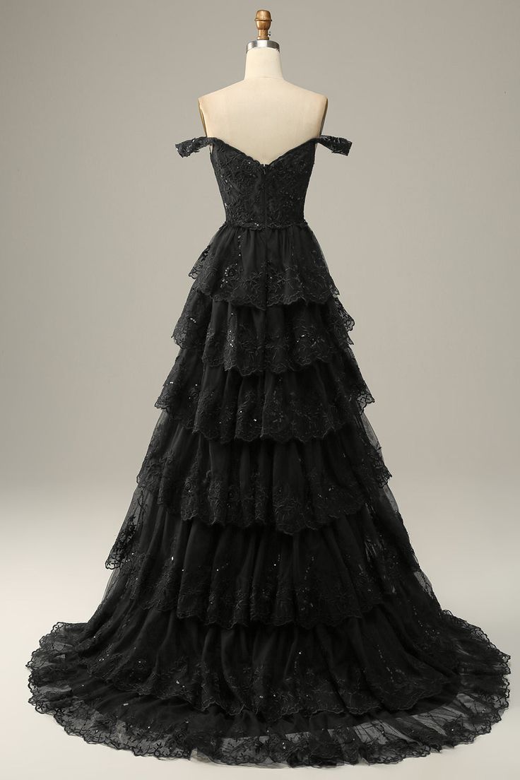 A Line Off Shoulder Black Lace Long Formal Prom Dresses With High Slit