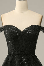 A Line Off Shoulder Black Lace Long Formal Prom Dresses With High Slit