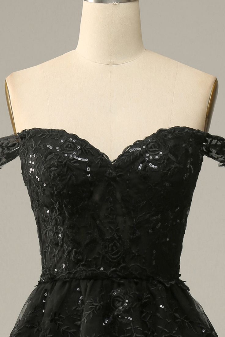 A Line Off Shoulder Black Lace Long Formal Prom Dresses With High Slit
