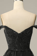 A Line Off Shoulder Black Lace Long Formal Prom Dresses With High Slit
