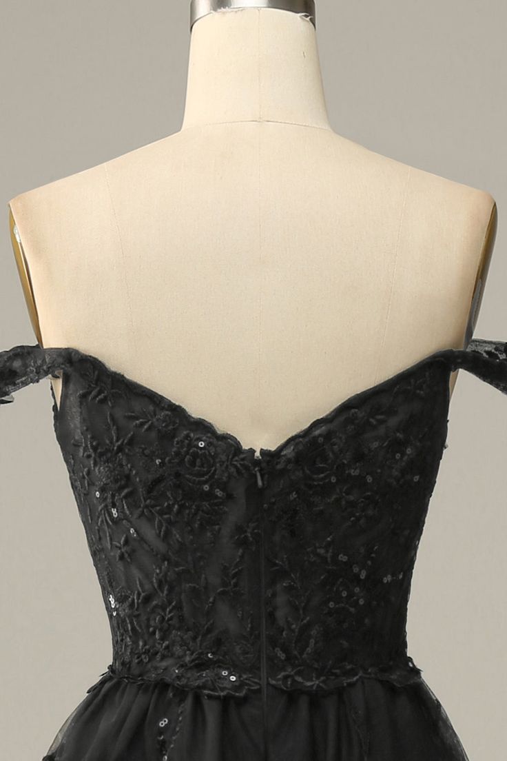 A Line Off Shoulder Black Lace Long Formal Prom Dresses With High Slit