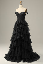 A Line Off Shoulder Black Lace Long Formal Prom Dresses With High Slit