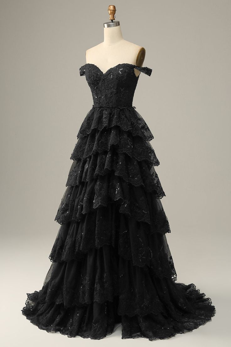 A Line Off Shoulder Black Lace Long Formal Prom Dresses With High Slit