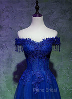 A-line Off Shoulder Blue Beaded and Lace Long Party Dresses, Blue Formal Dresses
