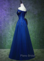 A-line Off Shoulder Blue Beaded and Lace Long Party Dresses, Blue Formal Dresses