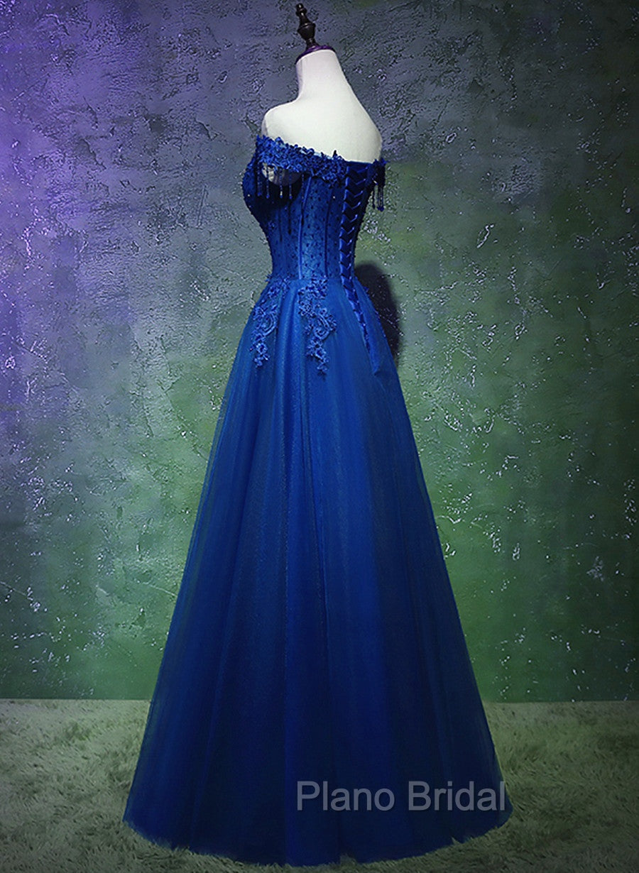 A-line Off Shoulder Blue Beaded and Lace Long Party Dresses, Blue Formal Dresses