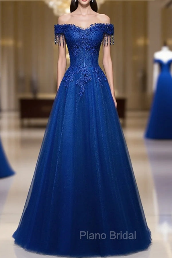 A-line Off Shoulder Blue Beaded and Lace Long Party Dresses, Blue Formal Dresses Main image