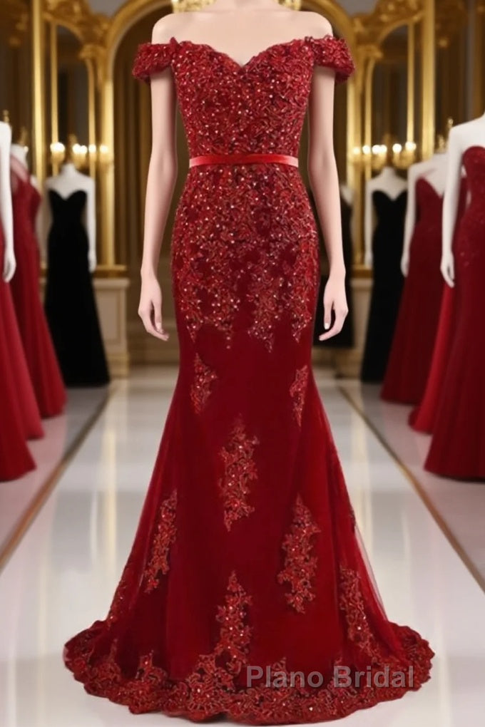 A Line Off Shoulder Burgundy Lace Formal Prom Dresses, Burgundy Lace Formal Dresses, Bridesmaid Dresses Main image