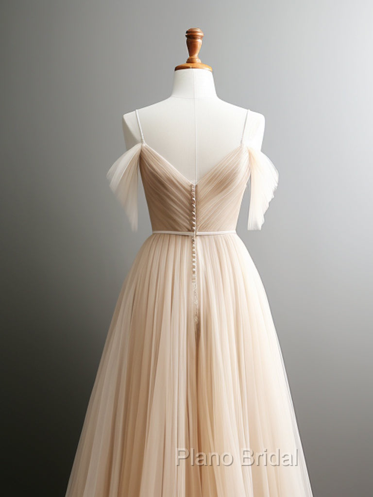 A-Line Off Shoulder Champagne Tulle Long Formal Prom Dresses, Champagne Long Evening Dresses Secondary image