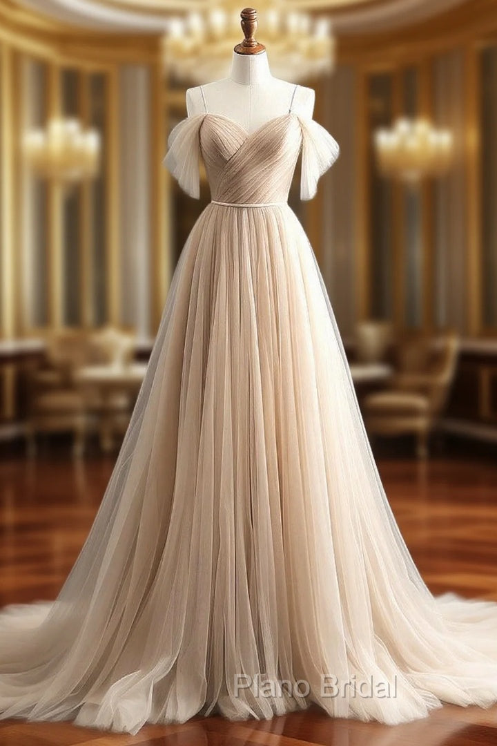 A-Line Off Shoulder Champagne Tulle Long Formal Prom Dresses, Champagne Long Evening Dresses Main image