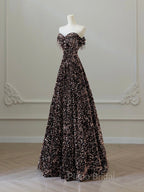 A-Line Off Shoulder Coffee Gold Sequin Long Formal Prom Dresses, Coffee Gold Formal Dresses