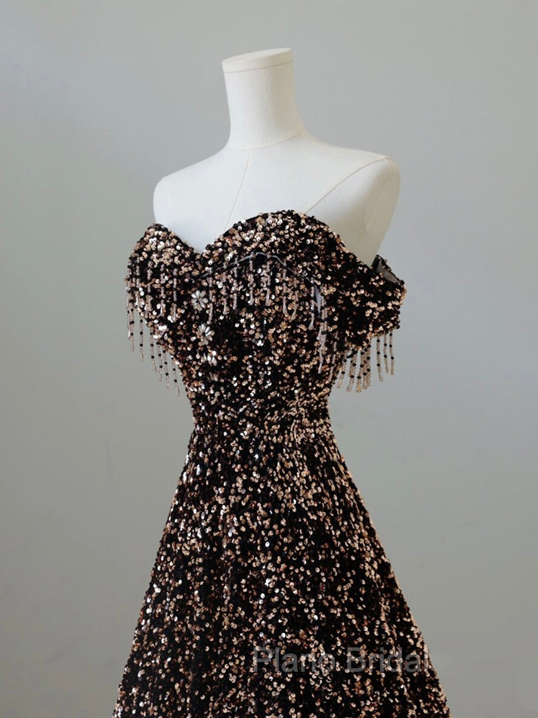 A-Line Off Shoulder Coffee Gold Sequin Long Formal Prom Dresses, Coffee Gold Formal Dresses