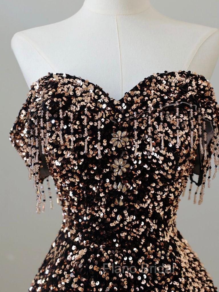 A-Line Off Shoulder Coffee Gold Sequin Long Formal Prom Dresses, Coffee Gold Formal Dresses