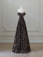 A-Line Off Shoulder Coffee Gold Sequin Long Formal Prom Dresses, Coffee Gold Formal Dresses