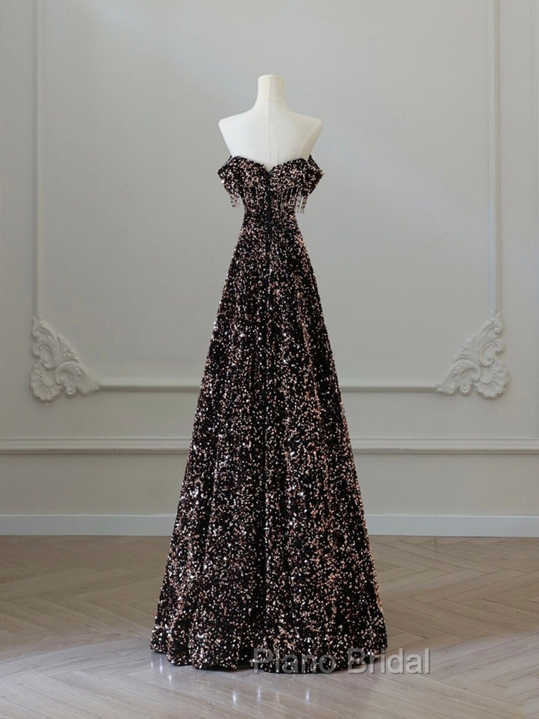 A-Line Off Shoulder Coffee Gold Sequin Long Formal Prom Dresses, Coffee Gold Formal Dresses
