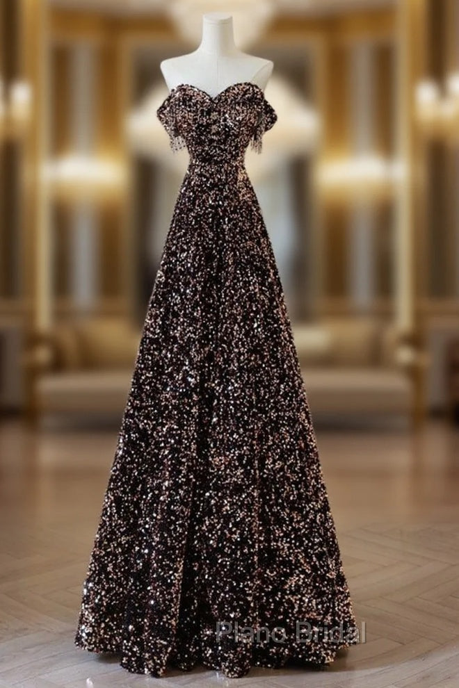 A-Line Off Shoulder Coffee Gold Sequin Long Formal Prom Dresses, Coffee Gold Formal Dresses