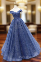 A-Line Off Shoulder Dark Blue Long Formal Prom Dresses, Shiny Tulle Long Graduation Dresses