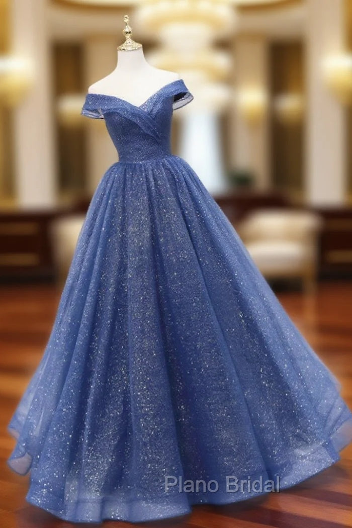 A-Line Off Shoulder Dark Blue Long Formal Prom Dresses, Shiny Tulle Long Graduation Dresses