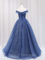 A-Line Off Shoulder Dark Blue Long Formal Prom Dresses, Shiny Tulle Long Graduation Dresses