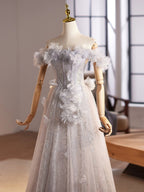 A-Line Off Shoulder Flower Tulle Gray Long Formal Prom Dresses, Gray Formal Dresses