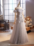 A-Line Off Shoulder Flower Tulle Gray Long Formal Prom Dresses, Gray Formal Dresses