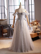 A-Line Off Shoulder Flower Tulle Gray Long Formal Prom Dresses, Gray Formal Dresses