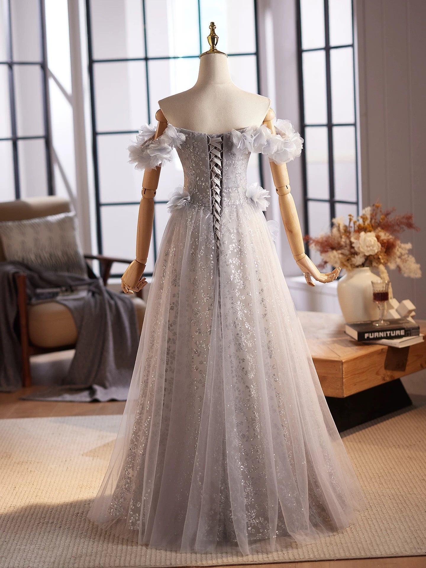 A-Line Off Shoulder Flower Tulle Gray Long Formal Prom Dresses, Gray Formal Dresses