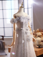 A-Line Off Shoulder Flower Tulle Gray Long Formal Prom Dresses, Gray Formal Dresses